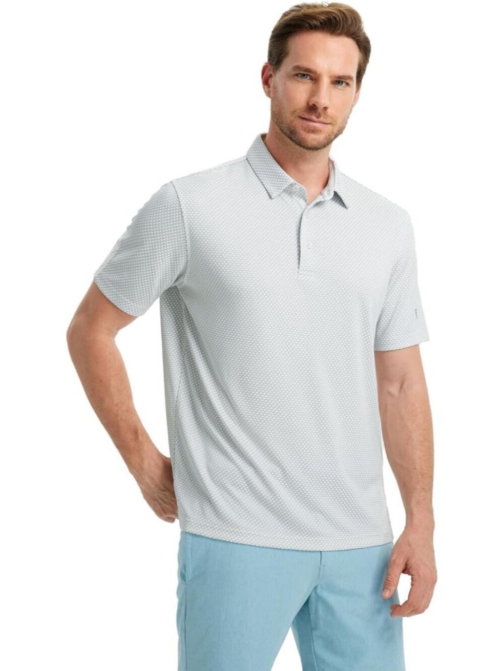 Mens Light Grey Moisture Wicking Jacquard Polo Shirt Breathable Dry Fit - Picture 2 of 6